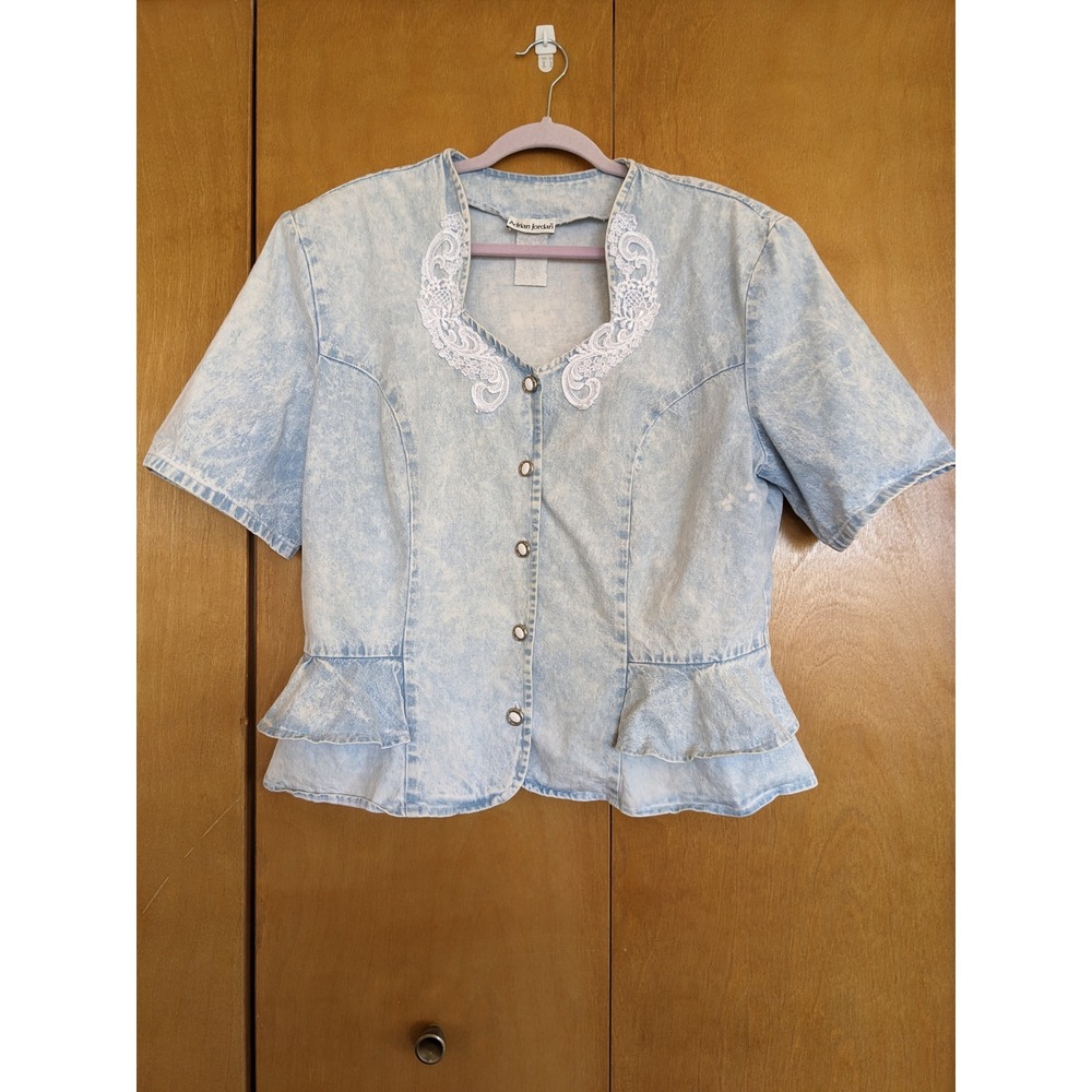 Vintage Adrian Jordan Acid Wash Denim Peplum Top Lace Trim Short Sleeve Blue XL